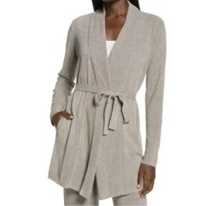Barefoot Dreams Tan/Grey CozyChic Ultra Lit Waist-Tie Cardigan Sweater Size M